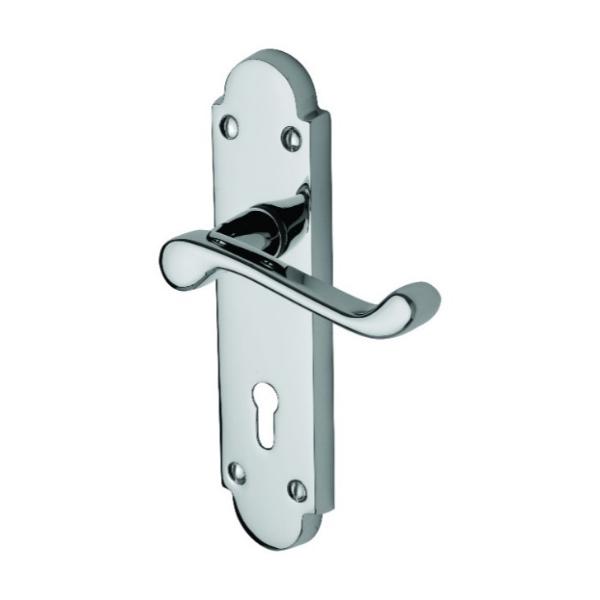 Sichern The Carisbrooke handle is an Elegant Scroll Lever on an Arched Back Plate