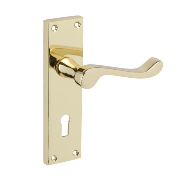 Sichern Polished Brass Victorian Scroll Lever lock Furniture on a traditional backplate