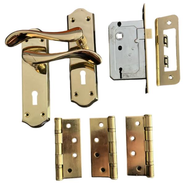 Sichern Elegant Contemporary Lock Furniture Brass Door pack, Pack contains Handles, Lock &amp; 3 Hinges