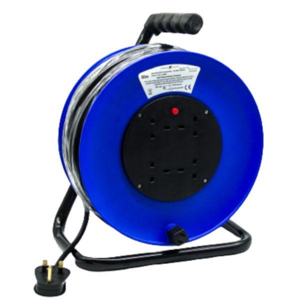 Rugged 50Mtr 13Amp 240Volt 4 Socket Cable Reel Gre