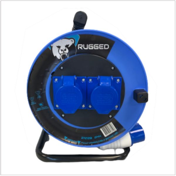 Rugged 25mtr 16Amp 240Volt 2 Socket Cable Reel Blue