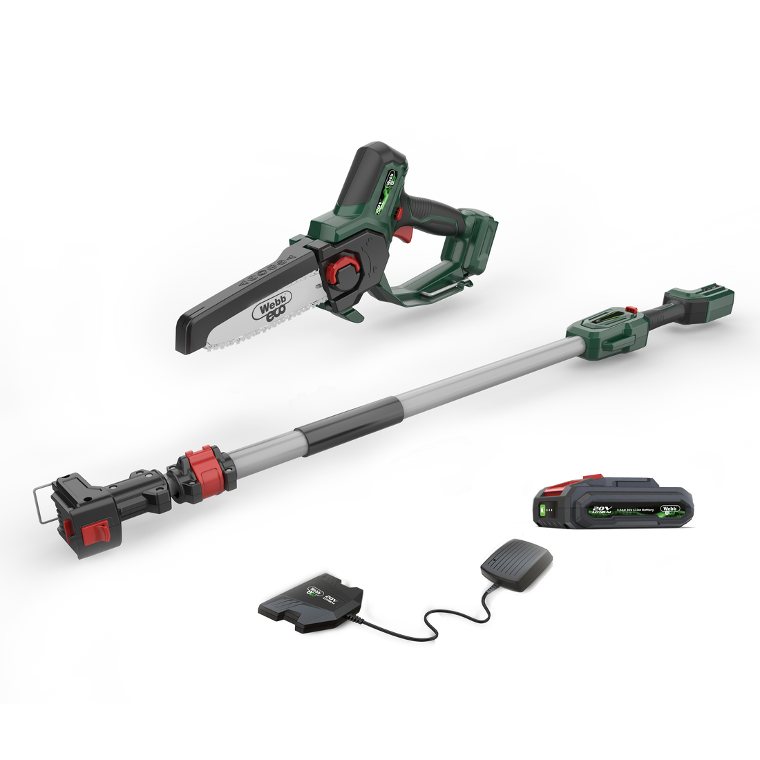 Webb 20v Eco Cordless 15cm Pruning Saw extension pole with 1 x 2ah battery &amp; charger