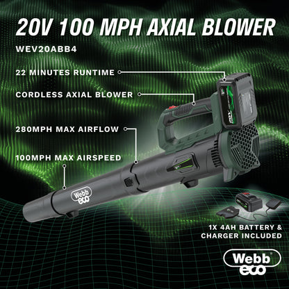 Webb Eco 20v Lithium Cordless 160km/h Axial Blower with 1 x 4ah battery &amp; charger