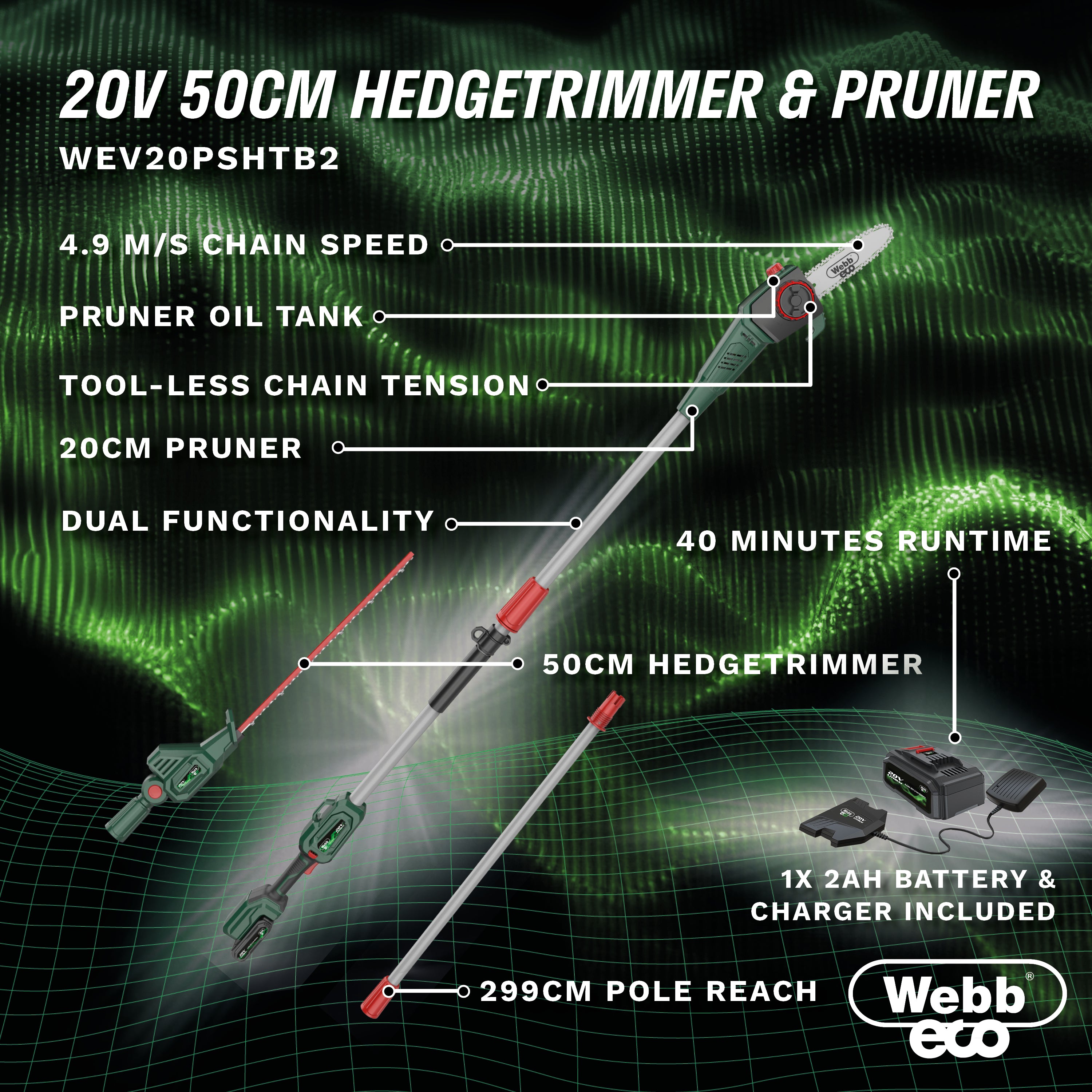 Webb Eco 20v Cordless 50cm Long Reach Hedge Trimmer &amp; Pruner with 1 x 2ah battery &amp; charger