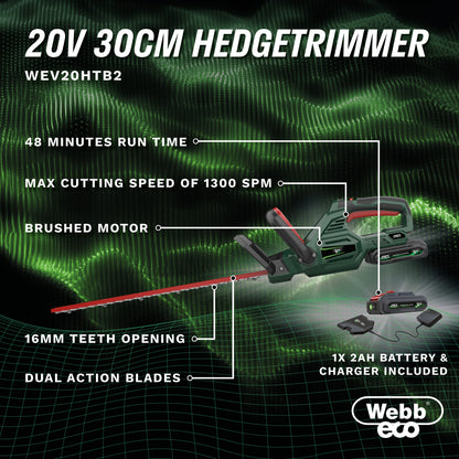 Webb Eco 20v Cordless 50cm Hedge Trimmer with 1 x 2ah battery &amp; charger