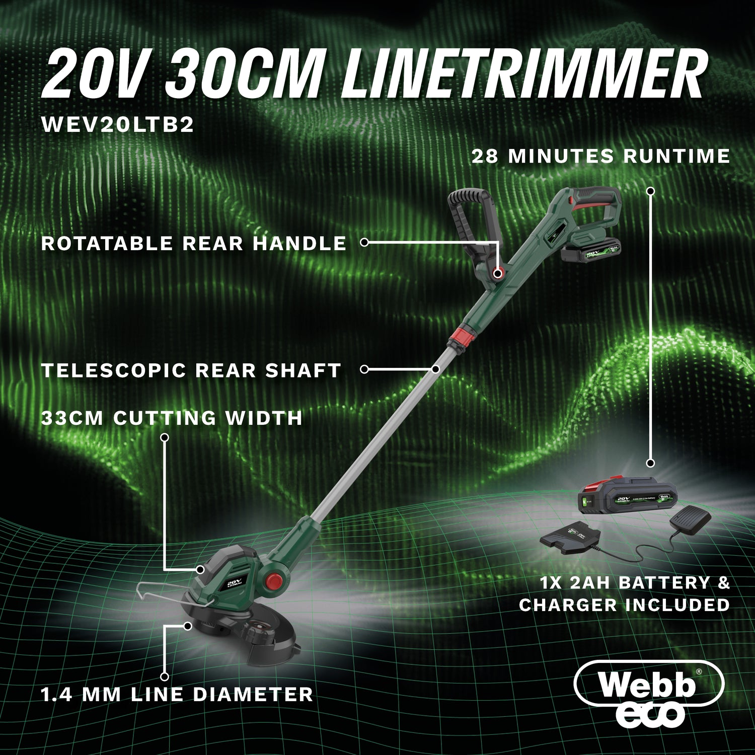 Webb Eco 20v Cordless 30cm Line Trimmer with 1 x 2ah battery &amp; charger