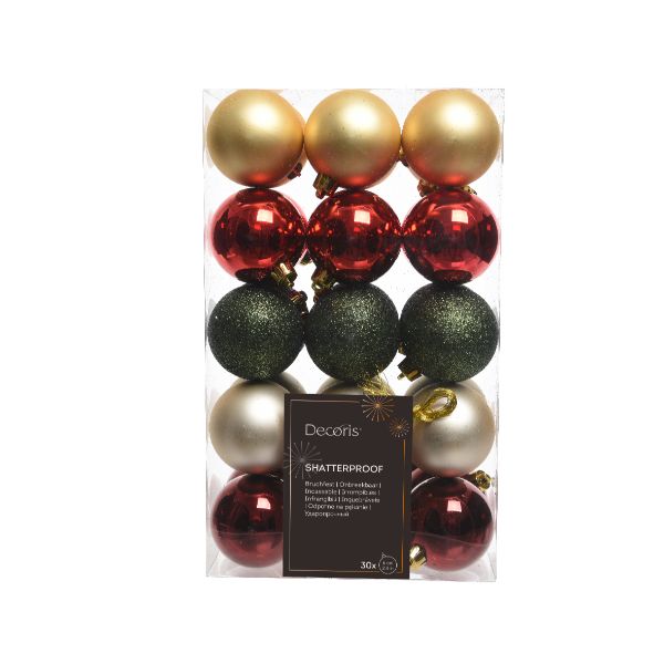 Shatterproof Bauble Mix 30 x 6cm (Gold,Red,Green,Pearl,Oxblood)