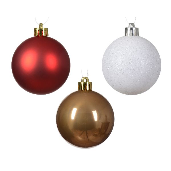 Shatterproof Bauble Mix 10 x 6cm (Red, Ginger Brown, Winter White)