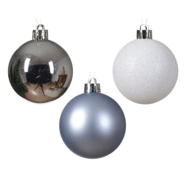 Shatterproof Bauble Mix 10 x 6cm (Silver, Hazy Blue, White)