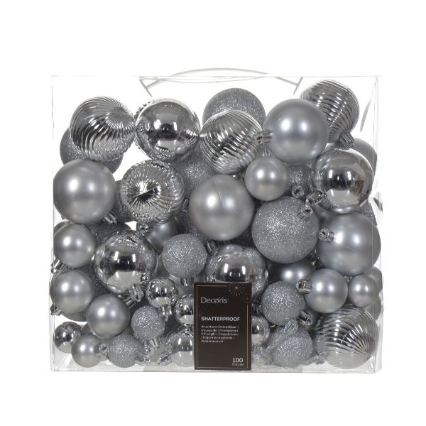 Silver Shatterproof Bauble Mix 100 x 6cm