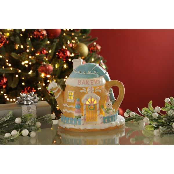 Festive 22cm battery operated polyresin gingerbread teapot bakery