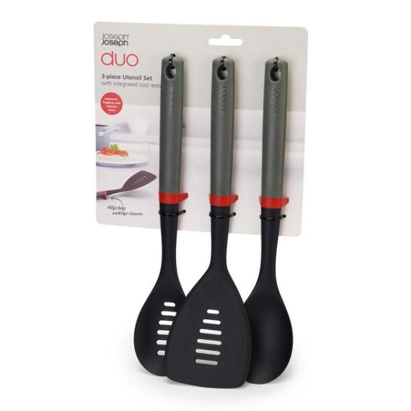 JJ DUO 3 piece Utensil Set with tool rest - Grey/Red