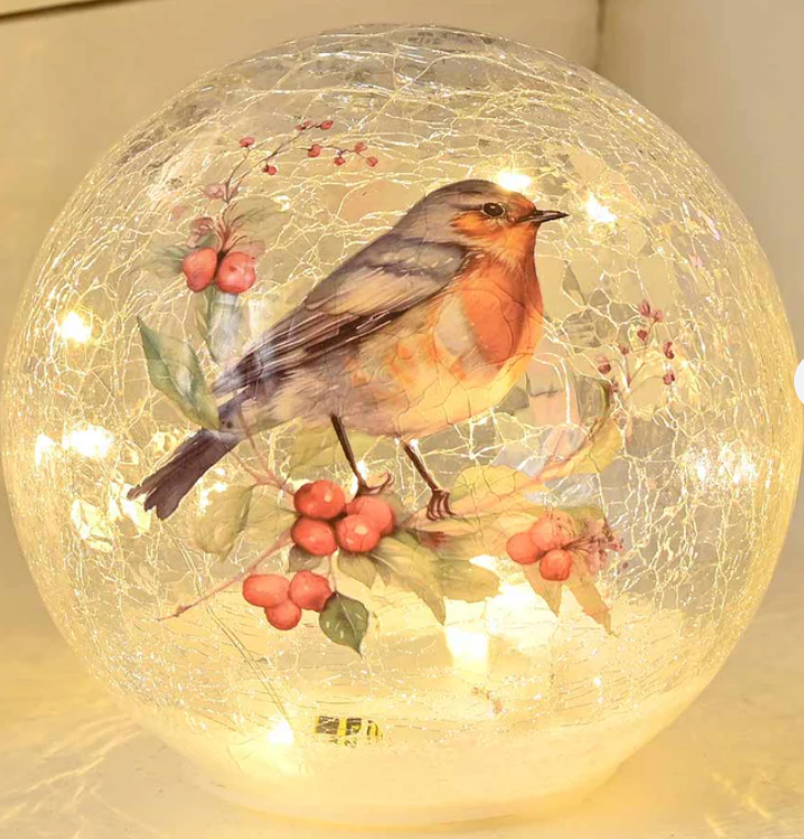 Festive Battery Operated Crackle Effect Robin Branch Ball 15cm