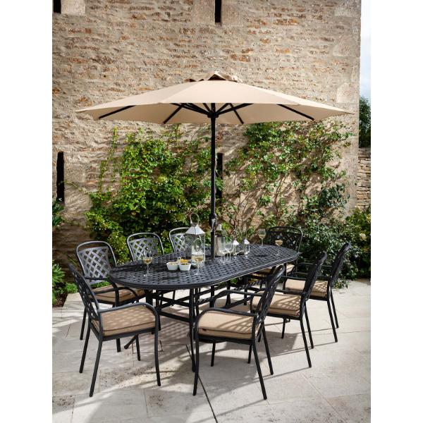 Berkeley Bronze Aluminium 8 Seater Oval Outdoor Furniture Set with 3M Parasol