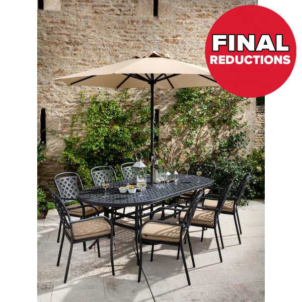 Berkeley Bronze Aluminium 8 Seater Oval Outdoor Furniture Set with 3M Parasol