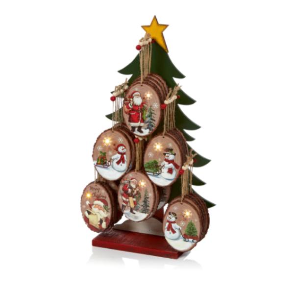 Battery Operated Santa Snowman Lit Trim On Wood Tree Display