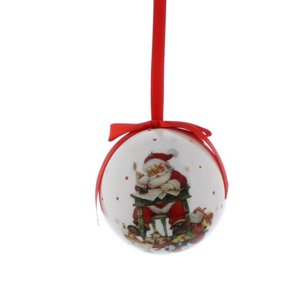 Festive 7.5cm decoupage ball - santa and list